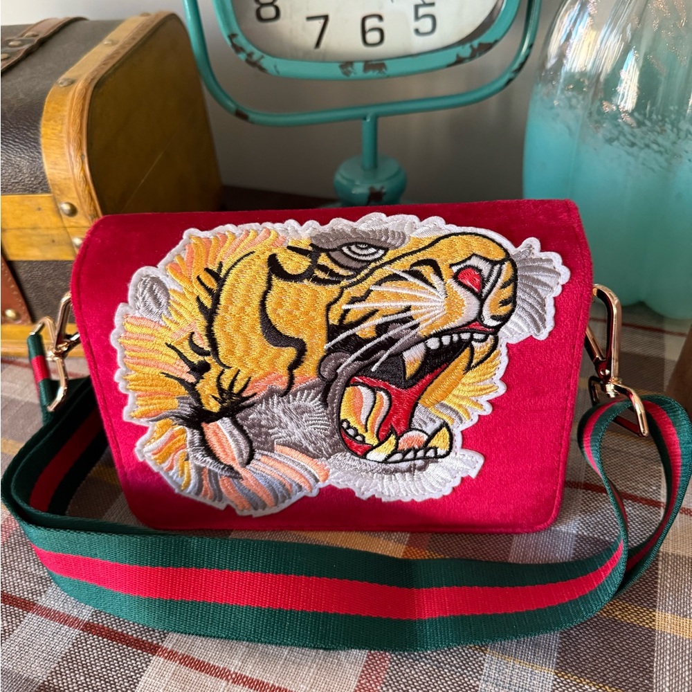 Inspired Web Tiger Inspired Embroidered Red Clutch /Crossbody Bag